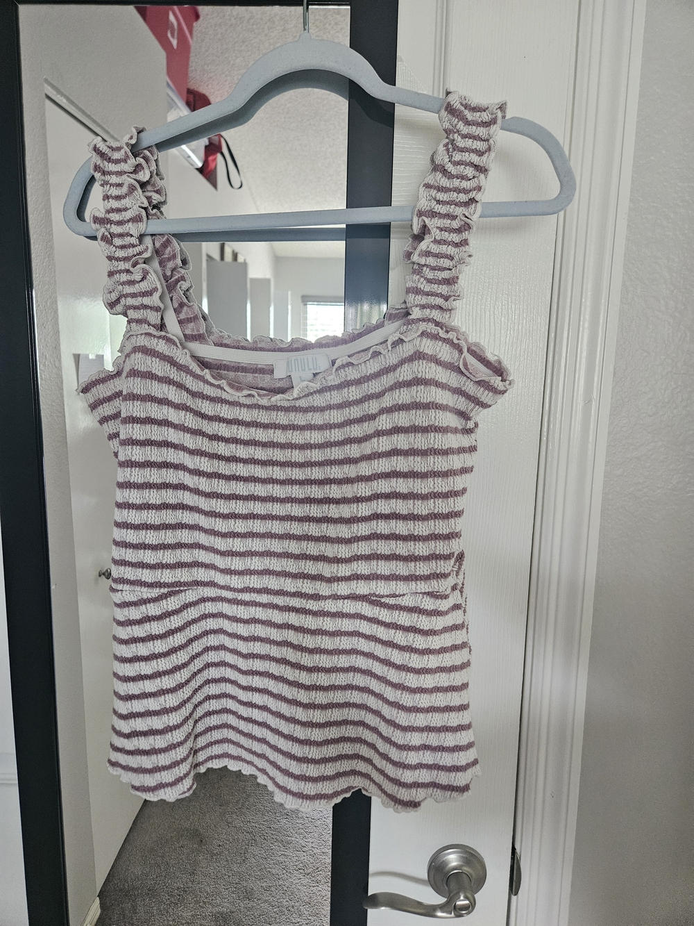 Bunulu Striped Ruffle Strap Tank Top -  Cream  White & Mauve